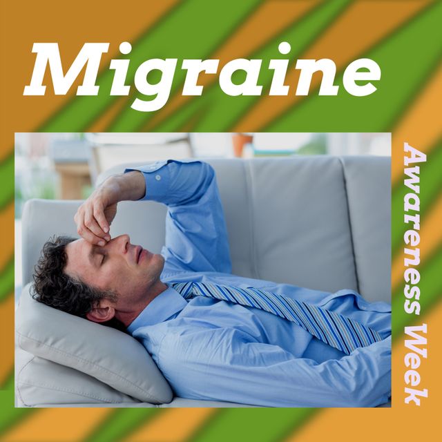 Digital image of caucasian mid adult man with migraine lying on couch, migraine awareness week text. Digital composite, raise awareness, support, migraine awareness week, headache.