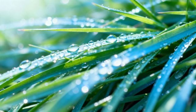 Morning dew on green grass blades reflecting sunlight with glittering water droplets