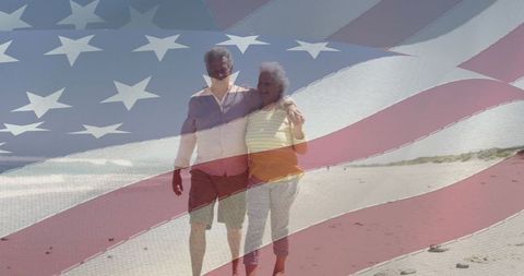 Senior Couple Hugging on Beach with USA Flag Overlay