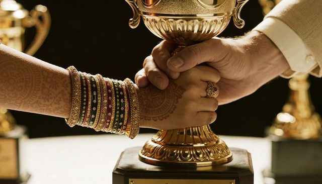 Bridal henna and bangles holding ornate gold trophy with partner clasping for celebration