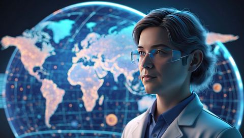 Astrophysicist analyzing 3d globe interface in technological lab