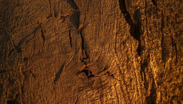 Revealing weathered growth rings and knothole in amber-lit woodgrain texture closeup