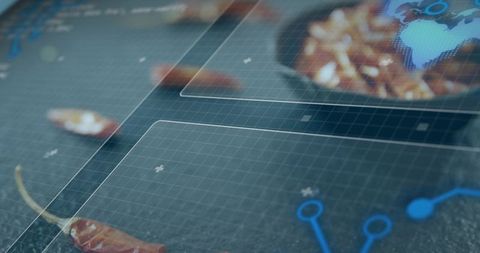Single dried red chili on dark stone with futuristic HUD overlay, culinary tech concept