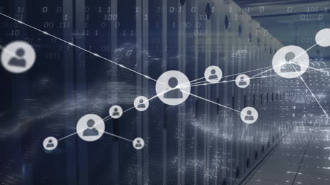 Digital Network Connections Over Server Room with Data Icons