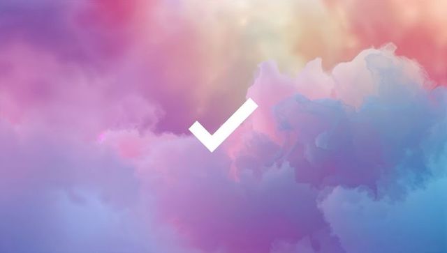 White Check Symbol on Pastel Cloud Background with Gradient Colors