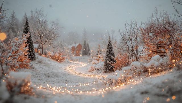 Winding snow-covered path leading to glowing cottages adorned with fairy lights