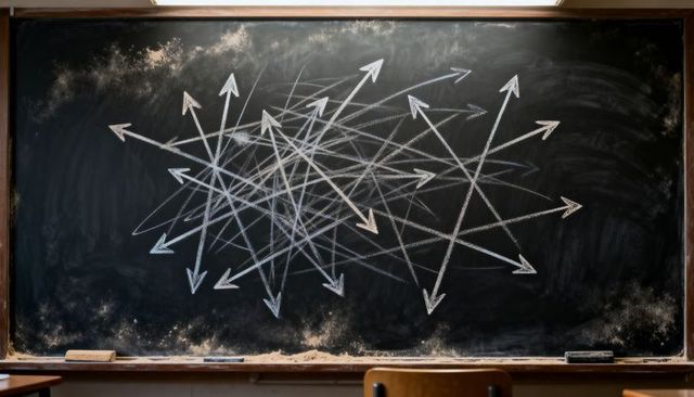 Chaotic chalkboard arrows illustrating confusion and decision making in classroom