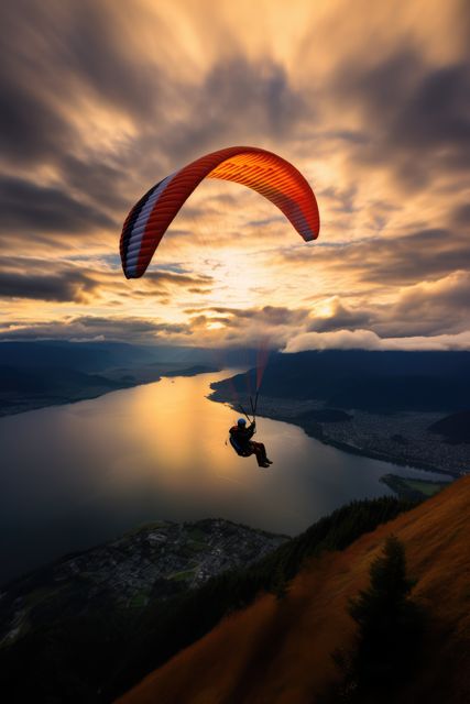 Paraglider soaring over a tranquil mountain lake during a vibrant sunset, with golden clouds adding dramatic flair. Suitable for promoting outdoor adventure, extreme sports, nature exploration, travel destinations, and inspirational content about freedom and thrill-seeking. Ideal for posters, travel brochures, and websites.