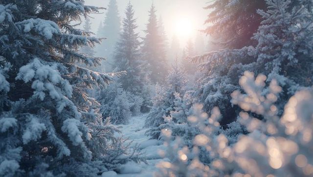 Winter Sunlight Through Misty Pines in Snowy Forest
