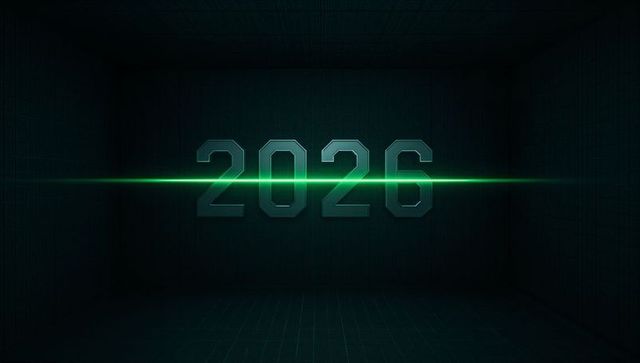 Glowing 2026 metallic numerals with green laser across dark futuristic grid room