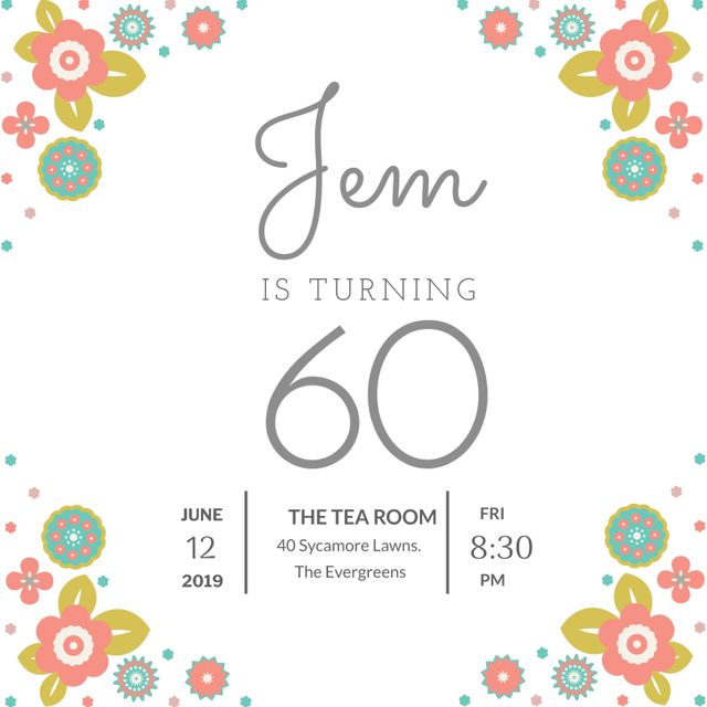 Floral Design Invitation for 60th Birthday or Retirement Celebration - Download Free Stock Templates Pikwizard.com