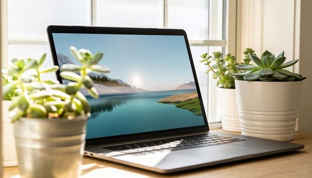 Minimalist home workspace with open laptop showing scenic wallpaper and potted succulents