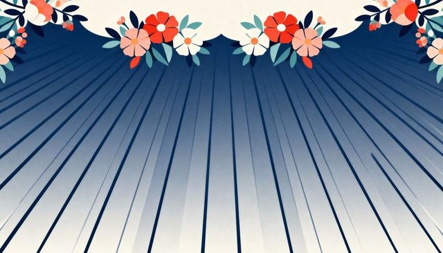 Navy striped gradient backdrop featuring scalloped cream top and coral floral garland
