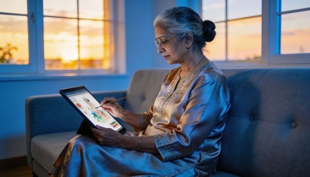 Senior indian woman creating digital watercolor on tablet while relaxing on sofa at sunset