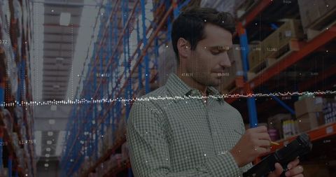Businessman checking warehouse stock with digital visuals overlay
