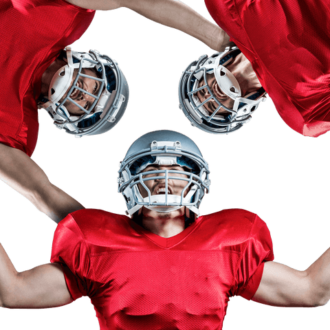 Diverse american football players standing in transparent circle formation