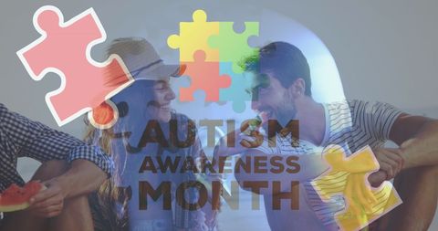 Autism awareness symbols overlay young friends relaxing together