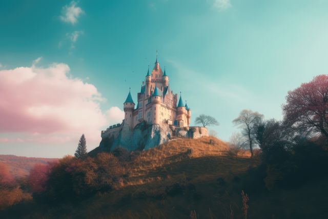 Landscape with castle on mountain, created using generative ai technology. Scenic, nature and fairytale concept digitally generated image.