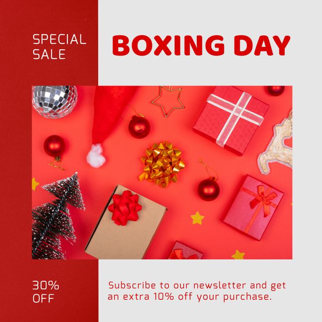 Composition of boxing day sales text over christmas decorations on white and red background. Christmas, boxing day, sales, festivity, celebration and tradition concept digitally.