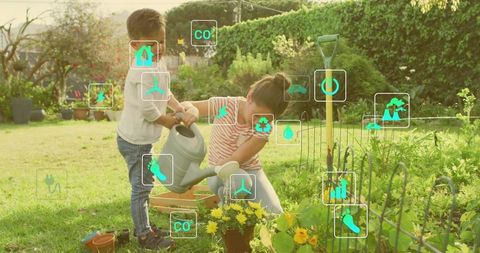 Children watering backyard garden while tending seedlings with sustainability icons
