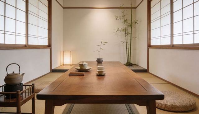 Minimalist japanese tea room with low wooden table, stacked teacups and bamboo accent