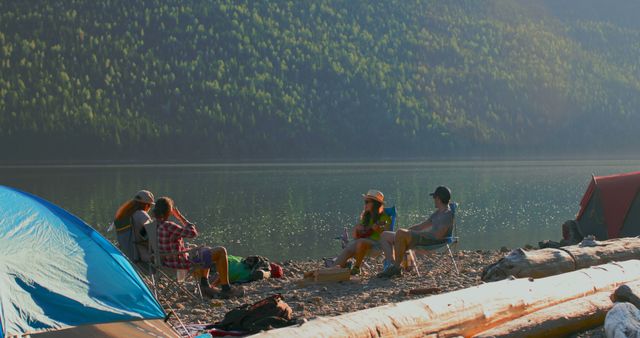 Group of Friends Relaxing at Lakeside Camp during Summer - Download Free Stock Images Pikwizard.com
