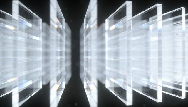 Glowing transparent panels forming symmetrical prism corridor with edge-lit reflections