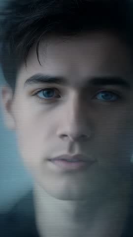 Young man holding steady gaze through digital glitch waves vertical video for tech portrait