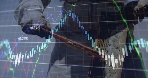 Construction worker digging with overlaid stock market charts showing growth