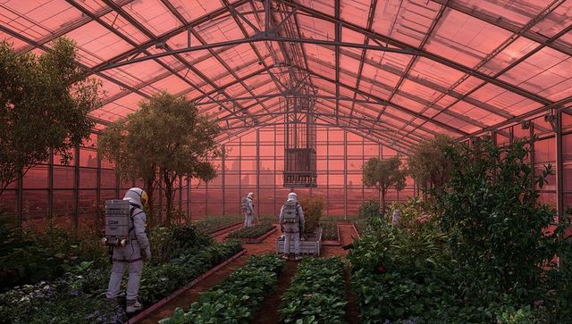 Astronauts tending Mars greenhouse with raised beds, hydroponics and automated hoist