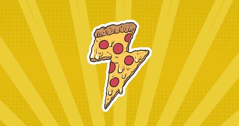 Cartoon Pizza Slice with Pepperoni on Bold Yellow Background