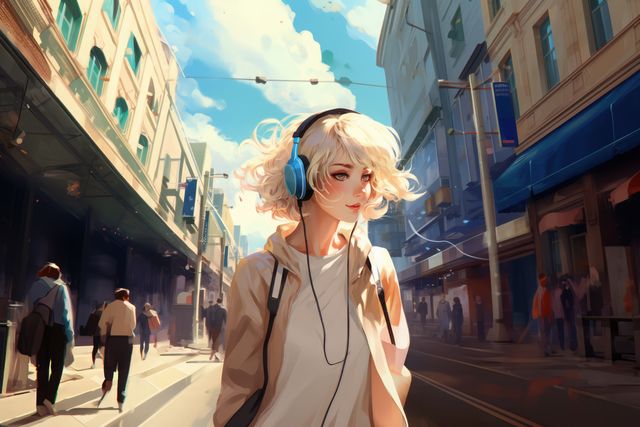 Lofi anime girl wearing headphones in city, created using generative ai technology. Anime, youth culture and urban style concept digitally generated image.