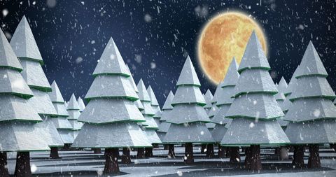 Wintry Night Forest with Snow Falling and Full Moon