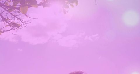 Dreamy magenta sky with peeking head, tree branches silhouette and sunburst lens flare