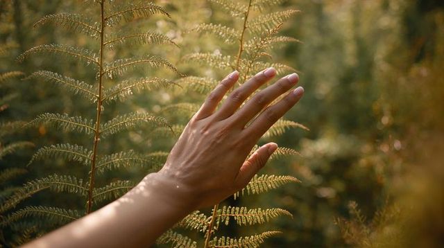 Bare hand brushing sunlit fern fronds in warm golden woodland light