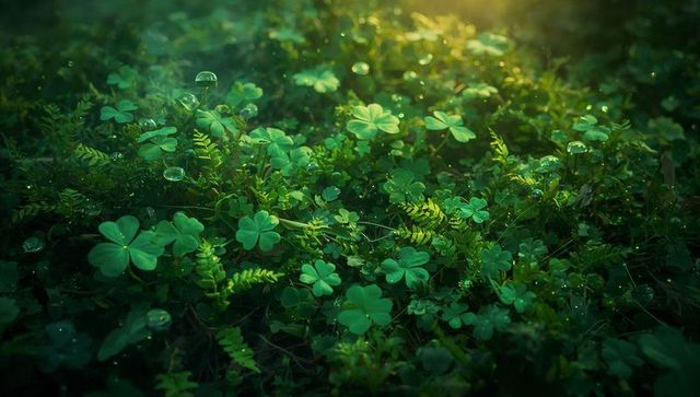 Sunlit dewy clover and fern fronds on forest floor macro, sparkling dew and dreamy bokeh