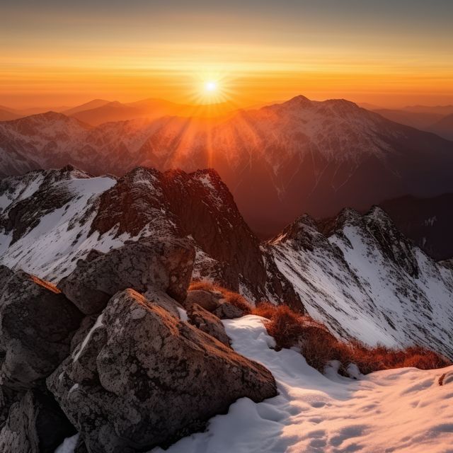 Sunset bathes snowy mountain peaks in warm light. Capturing nature's grandeur, this scene inspires awe and highlights the beauty of the wilderness.