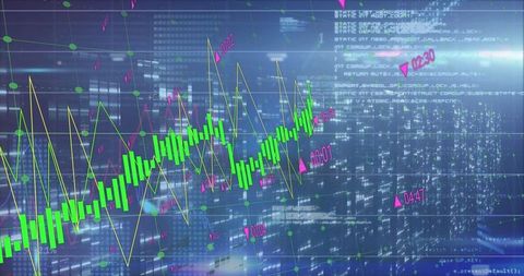 Digital financial analysis over cityscape at night