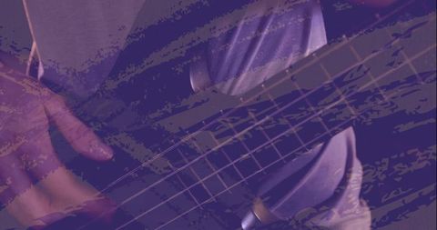 Bass Guitarist Playing Closeup Male Hands Pressing Frets Plucking Strings in Violet Light