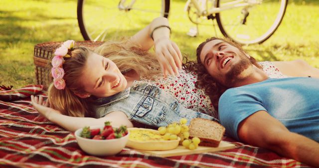 Happy Couple Relaxing at Picnic Outdoors on Sunny Day - Download Free Stock Images Pikwizard.com