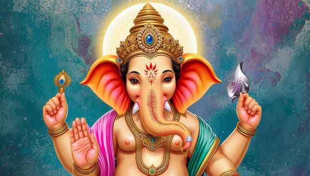 Ganesha Deity with Crown Holding Lotus and Axe Against Ethereal Sky