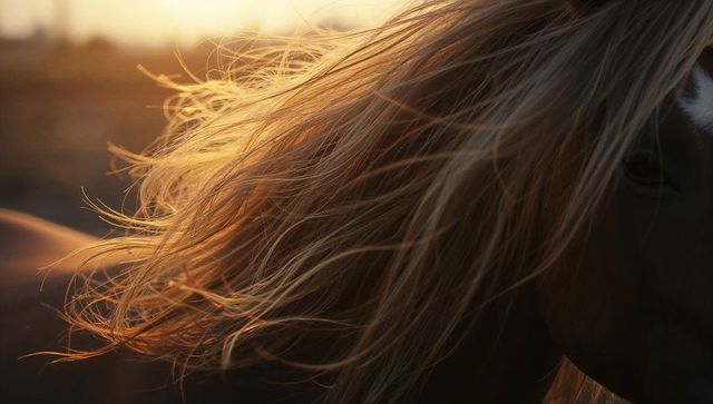 Chestnut horse mane illuminated by golden sunset light in tranquil field
