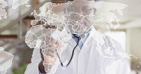 Senior doctor placing stethoscope over world map hologram for global health monitoring