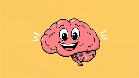 Smiling cartoon brain character on yellow background
