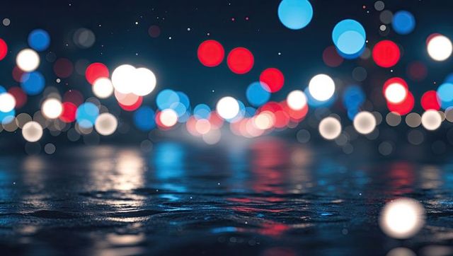 Urban night lights reflecting on wet pavement with bokeh effect
