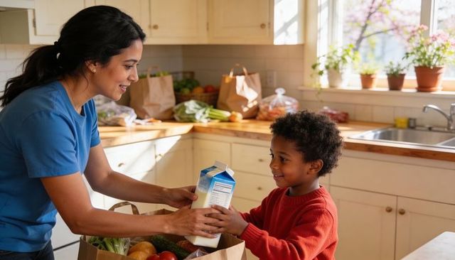 Mother handing milk to child while unpacking groceries on sunlit family kitchen countertop