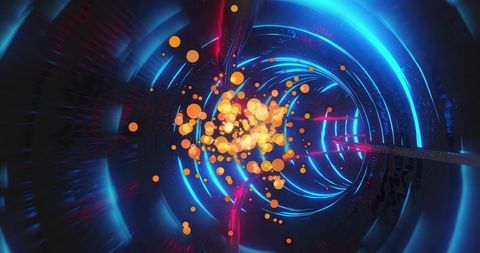 Pulsing orange particle swarm traveling through neon-lit metallic tunnel with glowing rings