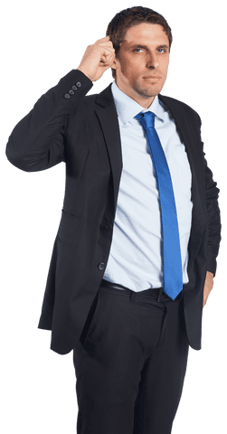 Serious Businessman in Suit Scratching Head on Transparent Background