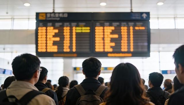 Crowd checking airport departure board in busy transit concourse, back view