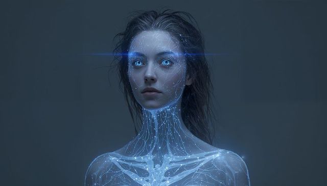 Futuristic female cyborg displaying glowing neural circuitry and luminous blue eyes